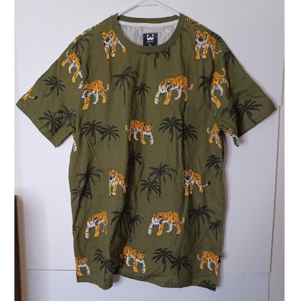 WESTY Army Green Tiger Palm Tree Short Sleeve All Over Print T- Shirt size large